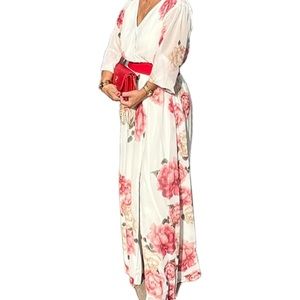 REBECCA B floral print maxi dress long sleeve leg slit V Sz 14